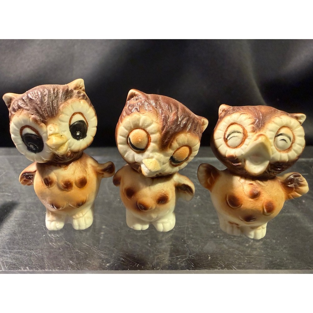 Vintage Ceramic Owl Figurines Set of 3 Brown Cream Miniature Bird Decor MCM